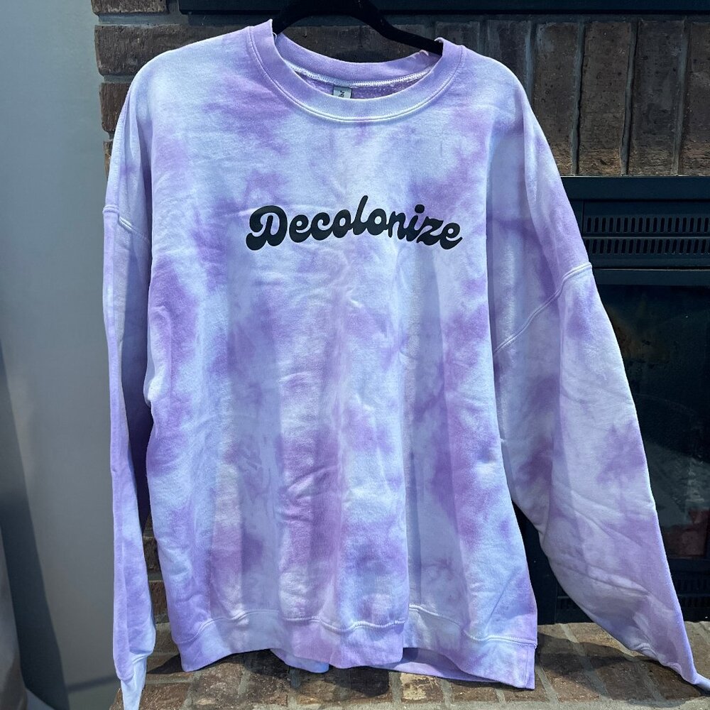 Purple Tie Dye Decolonize Crewneck Sweater, 4X, Custom